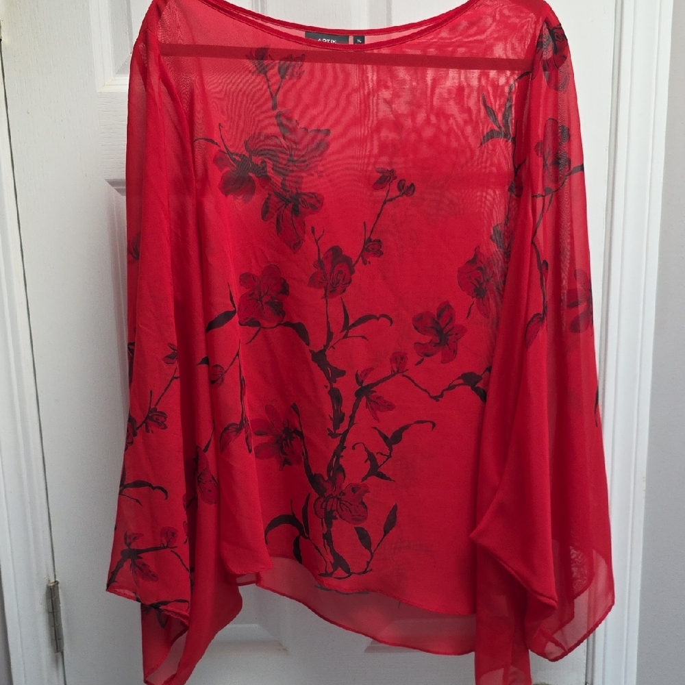 Apt. 9 Red Sheer Top with Black Floral Pattern